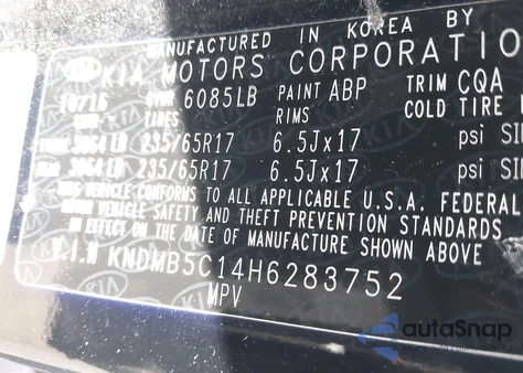 2017 Kia Sedona Lx from USA, damaged, VIN KNDMB5C14H6283752